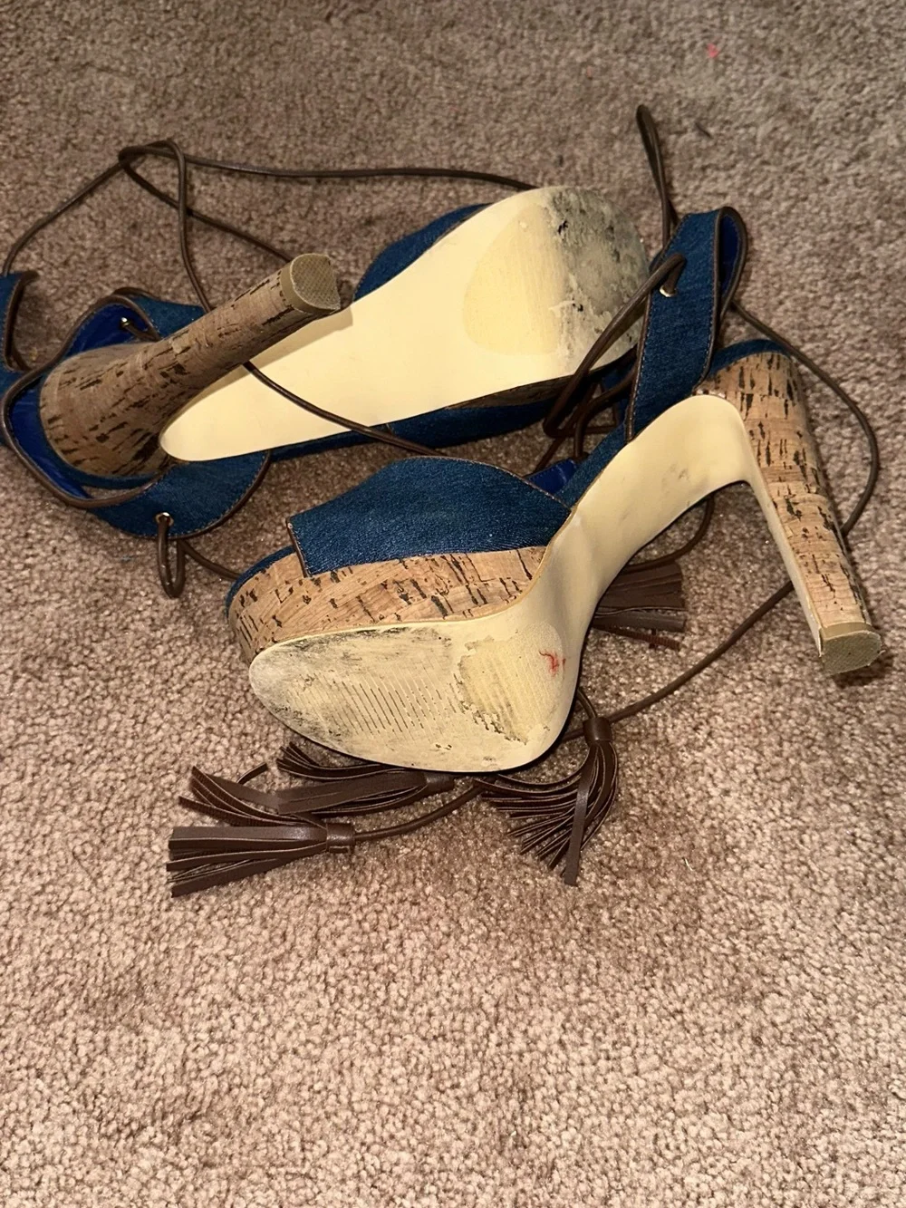 Denim Lace-Up Platform Sandals - Blue